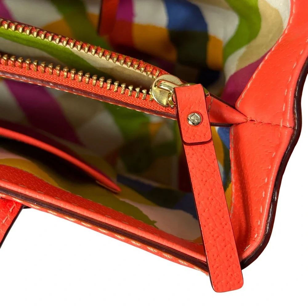 Kate Spade New York Orange Pebbled‎ Leather Tote Bag Chevron Lining Gold Logo